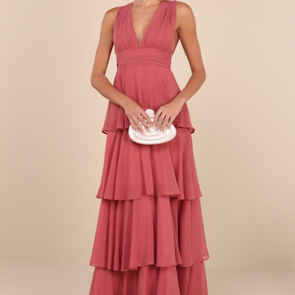 Lulus Amazing Evening Dark Rose Pink Tiered Maxi Dress - Size L - Picture 1 of 1